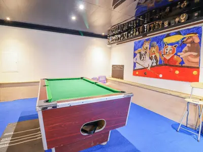 a room with a pool table in front of a wall at Minydon in Fairbourne