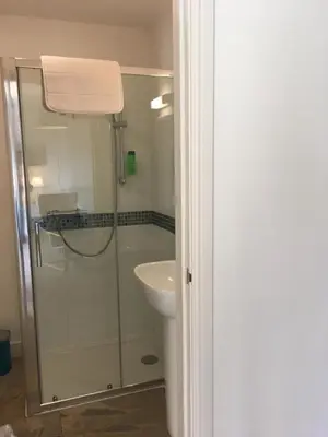 a bathroom with a shower and a toilet and a sink at Garden Room near Brecon in Brecon