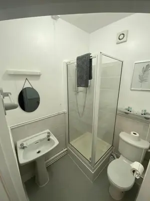 a bathroom with a shower and a toilet and a sink at The Swan Hotel in Kington