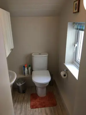 a bathroom with a toilet and a sink and a window at Bron Hafren in Montgomery