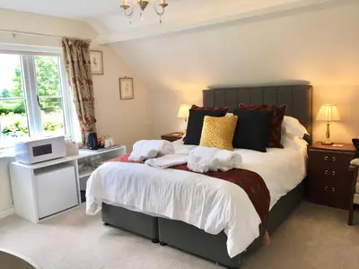 a bedroom with a large bed and a television at Bron Hafren in Montgomery