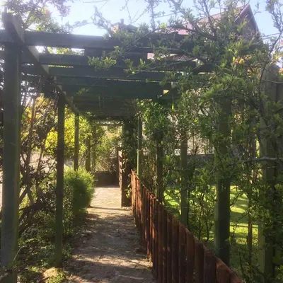 a pergola in a garden with a fence at Mill Cottage in Llanddeiniol
