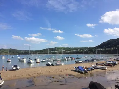 a bunch of boats are docked in the water at Mill Cottage in Llanddeiniol
