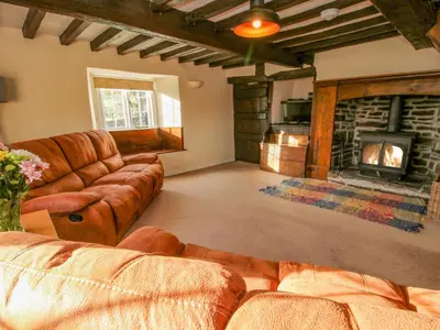 a living room with a couch and a fireplace at Little Bicton in Craven Arms