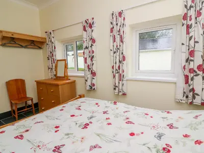 a bedroom with a bed and two windows at Hen Brynbedw in Llanybydder