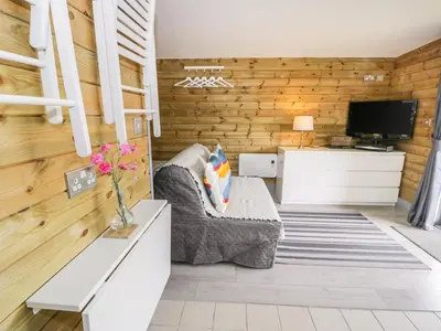 a living room with a couch and a tv at Cilan Lodge in Corwen