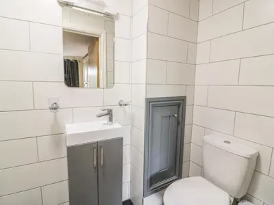 a bathroom with a toilet and a sink and a mirror at New Peny in Llandrindod Wells