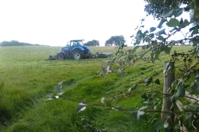 a blue tractor sitting in a field of grass at Ffyllon Fawr in Henfynyw Upper