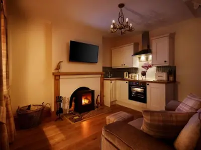 a living room with a fireplace and a kitchen at Romantic Cottage with Wood-fired Hot tub and Outdoor Pizza Oven in Shrewsbury
