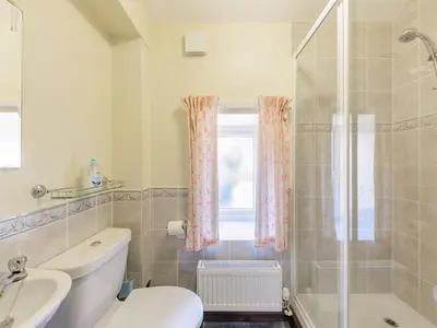 a bathroom with a toilet sink and a shower at Yew Tree Cottage in Welshpool