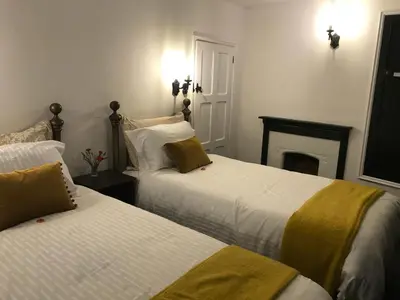 a bedroom with two beds and a fireplace at 