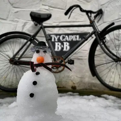 a toy snowman in front of a bike at Ty Capel in Llanidloes