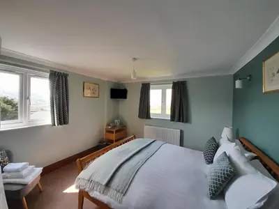 a bedroom with a white bed and two windows at The Dolfor Inn in Newtown