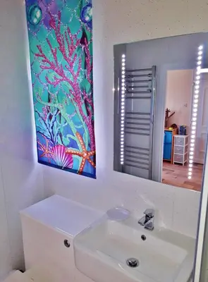 a bathroom with a white sink and a mirror at Sea Moss Cabin in Tywyn