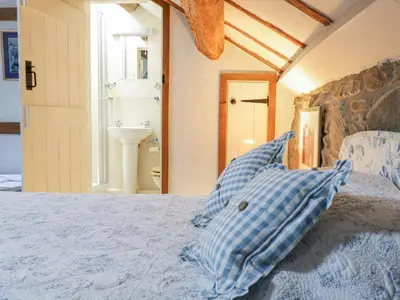 a bedroom with a bed with blue pillows and a sink at Lower Dolgenau- The Cottage in Caersws