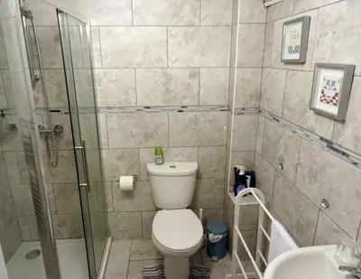 a bathroom with a toilet and a glass shower at Beechwood House in New Quay