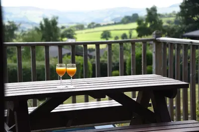 two glasses of wine sitting on a wooden table at Sunny View in Rhayader
