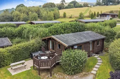 an overhead view of a tiny house in a garden at Barn Owl Lodge in Rhayader