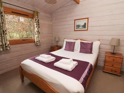 a bedroom with a large bed in a log cabin at Barn Owl Lodge in Rhayader