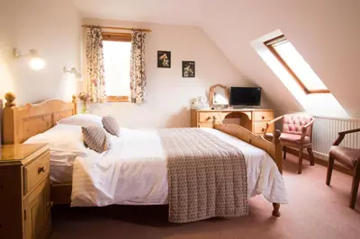 a bedroom with two beds and a tv and a chair at Plas Dolau Country Estate in Aberystwyth