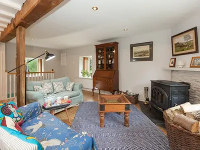 a living room with a couch and a fireplace at Rhydleos Mill in Llansilin