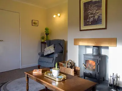 a living room with a wood stove and a chair at Kinverley in Evenjobb