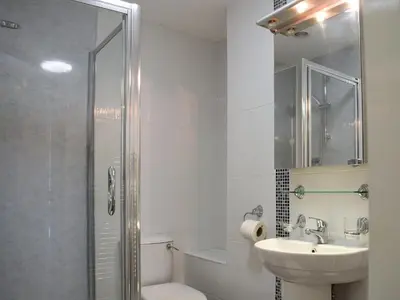 a bathroom with a shower and a sink and a toilet at Maesbangor Farmhouse in Capel Bangor