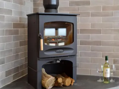 a wood stove with a tv and a bottle of wine at Sweet Meadow Lodge in Llandrindod Wells