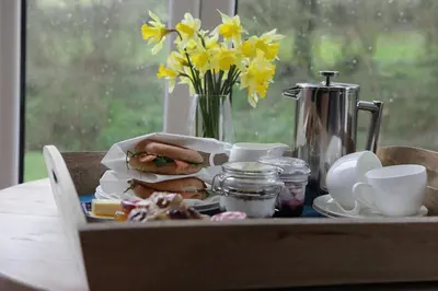 a table with a sandwich and a vase of flowers at Cwmbach Lodge luxury B&B in Glasbury