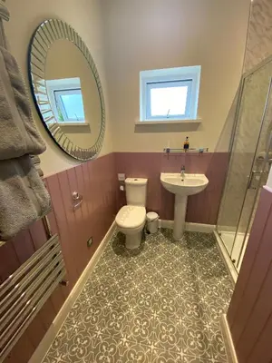 a bathroom with a toilet and a sink and a mirror at Cwmbach Lodge luxury B&B in Glasbury