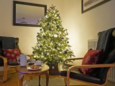 a christmas tree in a living room with a coffee table at Bryn Derw in Barmouth