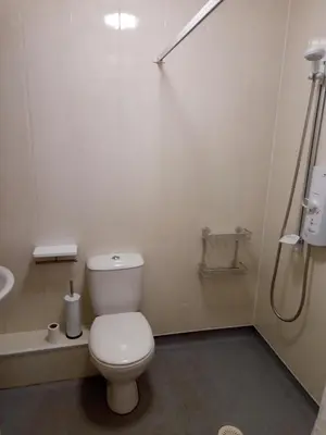 a white bathroom with a toilet and a shower at Ground Floor Barmouth Centre Apartment With Garden in Barmouth