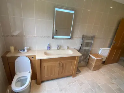 a bathroom with a sink and a toilet and a mirror at Laurel Bank in Abbey-Cwmhir