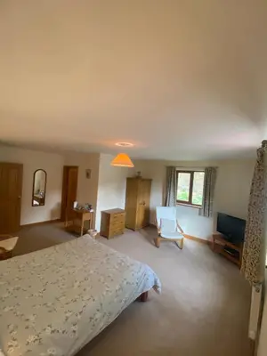 a bedroom with a bed and a couch and a television at Laurel Bank in Abbey-Cwmhir