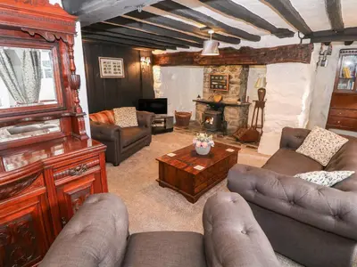 a living room with a couch and a fireplace at Fro Awel in Dolgellau