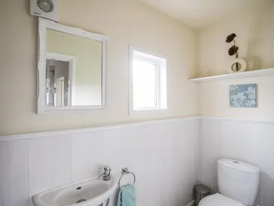 a bathroom with a sink and a toilet and a mirror at Glyn Morfa in Harlech