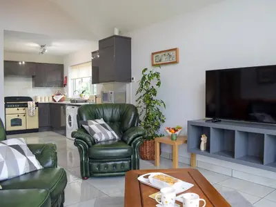 a living room with a green leather chair and a table at Bumble Lodge in Llynclys