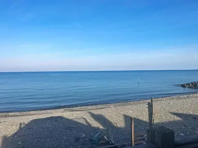 a beach with a view of the ocean at Ystwyth House in Borth