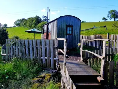 a wooden boardwalk leading to a small building at Cornflour Cozy Cabin Retreat in Craven Arms