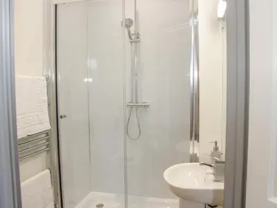 a bathroom with a shower and a sink at The Farm in Presteigne