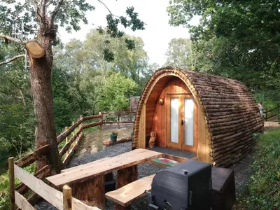 a wooden cabin with a tv and a wooden table at Owl Hut Cosy Ensuite Pod Snowdonia Coast Sleeps 2 in Dolgellau
