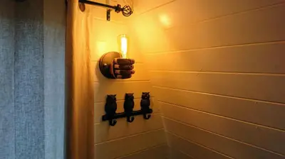 a bathroom with a shower with a light on the wall at Owl Hut Cosy Ensuite Pod Snowdonia Coast Sleeps 2 in Dolgellau