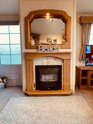 a living room with a fireplace and a mirror at 157 Amour Caravan in Tywyn