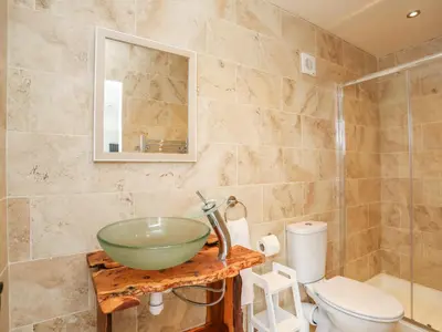 a bathroom with a bowl sink and a toilet at Meadow Lodge in Corwen
