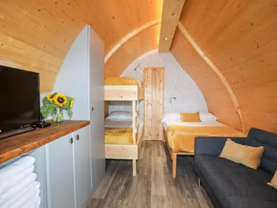 a small room with a bunk bed and a couch at Woodland Pod in Corwen