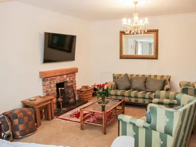 a living room with a couch and a fireplace at Bryn Celyn in Oswestry
