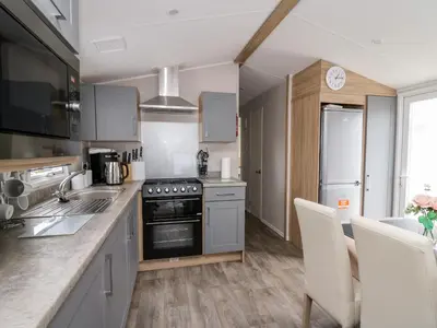a kitchen with stainless steel appliances and wooden floors at Ystwyth 26 in Borth