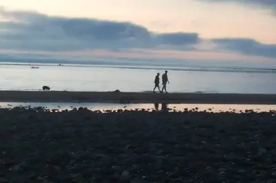 two people walking on the beach at sunset at Bwthyn Gweilch in Machynlleth