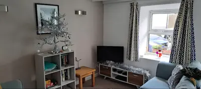a living room with a couch and a tv and a window at Bwthyn Gweilch in Machynlleth