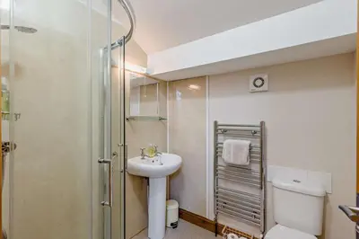 a bathroom with a shower and a sink and a toilet at Gwilym's Stable in Builth Wells
